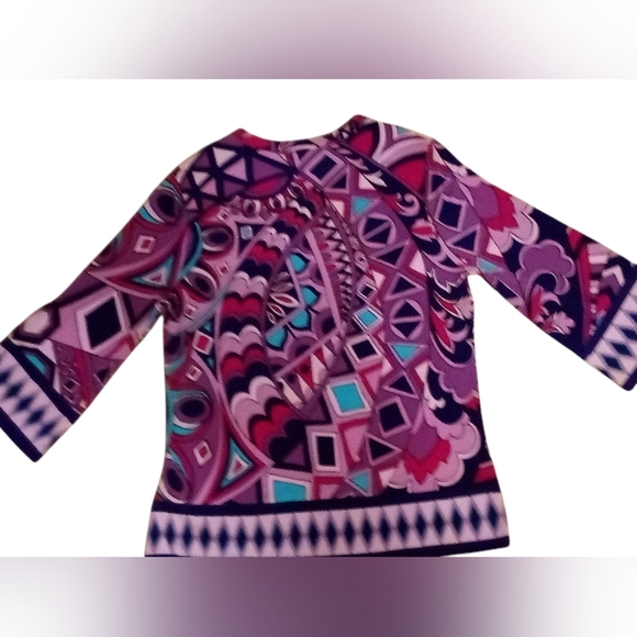 Chico's - Multi Colored Abstract Blouse, 3/4 Bell Sleeves, Size 1, V-neck, - Picture 4 of 8